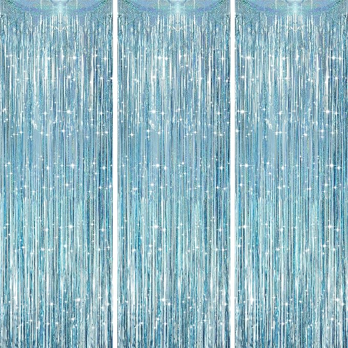 3 Pack 3.3 x 8.2 ft Laser Blue Foil Fringe Backdrop Curtains, Tinsel Streamers by Voircoloria
