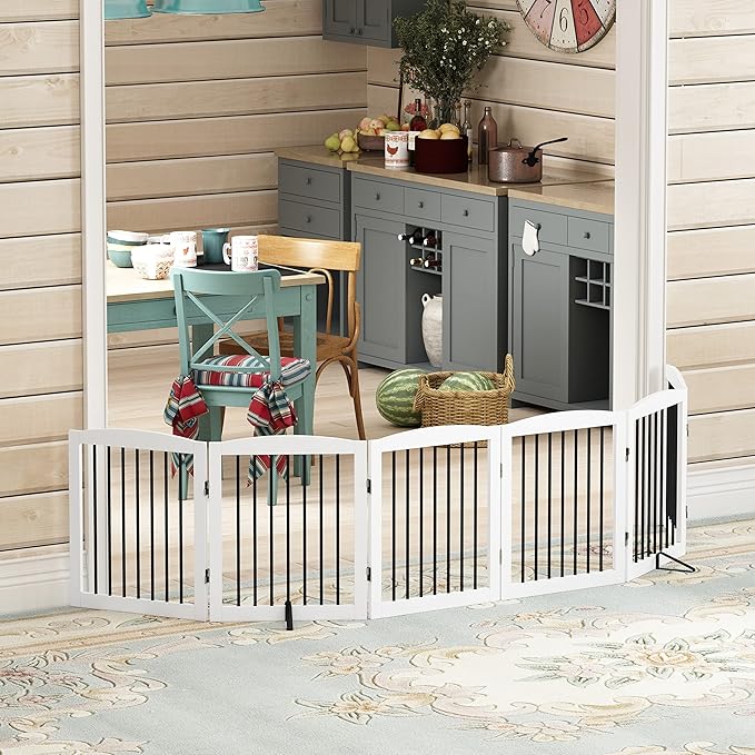 Freestanding Pet Gate for Dogs, Foldable Wooden Dog Gate for House, Extra Wide - Image 8