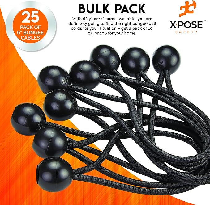 Xpose Safety Bungee Ball Cords 6" 25 Pack Heavy Duty Black Stretch Rope - Image 5