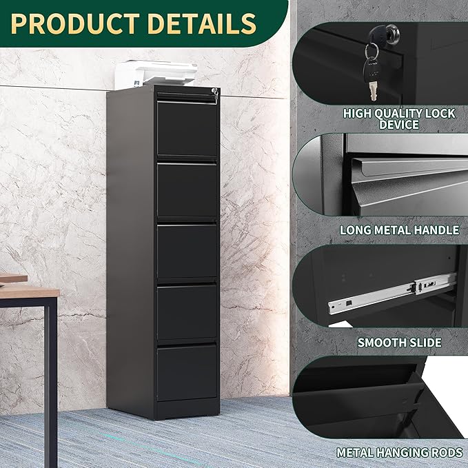 5 Drawer File Cabinet with Lock, Steel Vertical Filing Storage Cabinet - Image 4