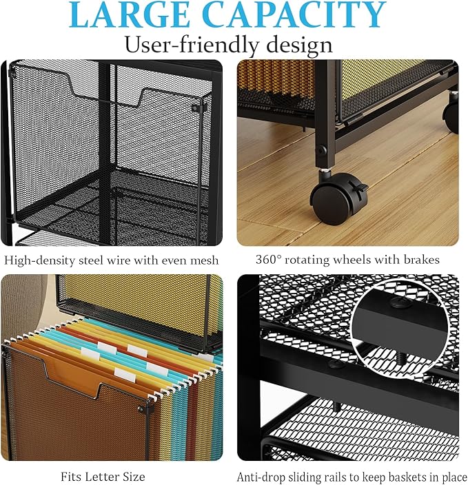 Rolling File Cart with 2 Storage Drawers, File Cabinet with Wheels, Hanging - Image 6