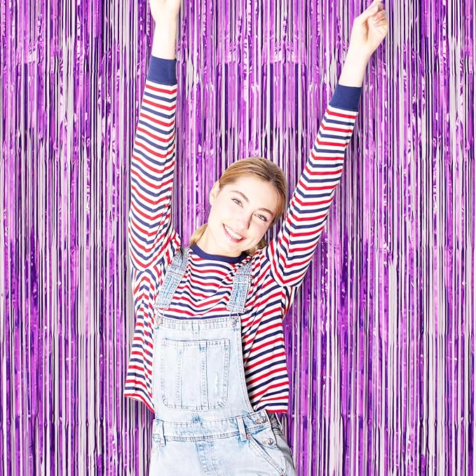 3 Pack 3.3 x 8.2 ft Laser Purple Foil Fringe Backdrop Curtains, Tinsel - Image 7