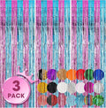 3 Pack 3.3x8.2 Feet Blue and Pink Foil Fringe Backdrop Curtains, Tinsel by Voircoloria
