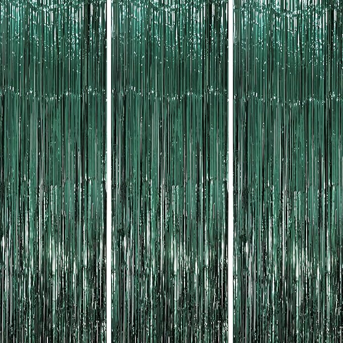 3 Pack 3.3 x 8.2 ft Retro Green Foil Fringe Backdrop Curtains, Tinsel Streamers by Voircoloria