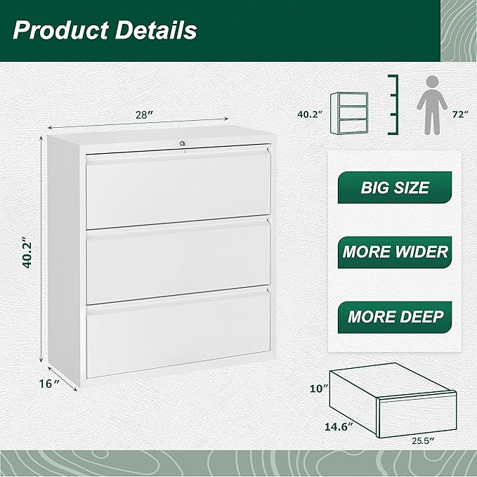 Superday Lateral File Cabinet 3 Drawer, Locking Metal File Cabinets Three - Image 3