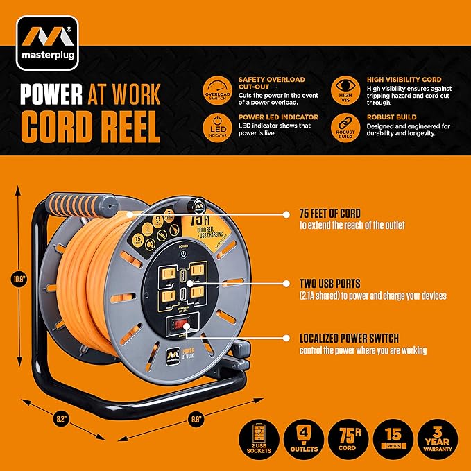 Masterplug 75ft Cord Reel, Retractable Extension Lead - Image 4
