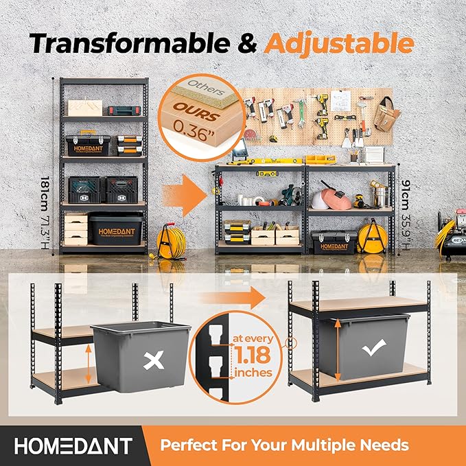 HOMEDANT 5 Tier Storage Shelves Adjustable Laminated Boltless Garage Metal - Image 3