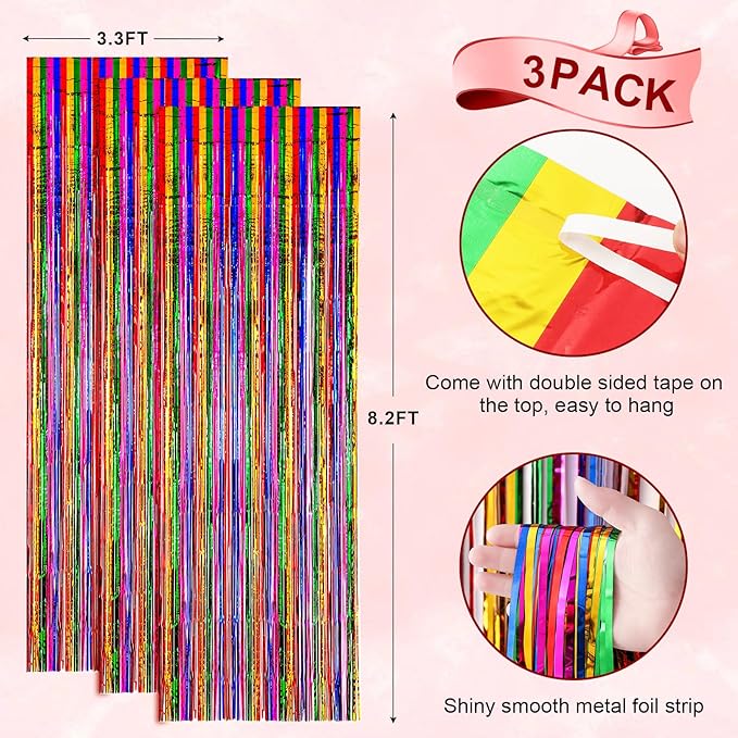 3 Pack 3.3x8.2 Feet Rainbow Foil Fringe Backdrop Curtains, Tinsel Streamers - Image 3