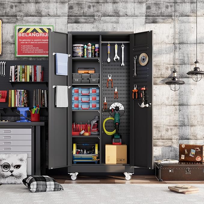 Garage Storage Cabinet with Wheels and 5 Pegboard, Broom Closet Storage Cabinet - Image 2