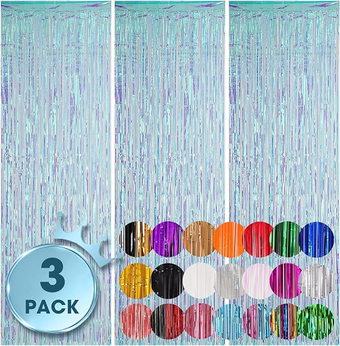 3 Pack 3.3x8.2 Feet Neon Iridescent Foil Fringe Backdrop Curtains, Tinsel by Voircoloria