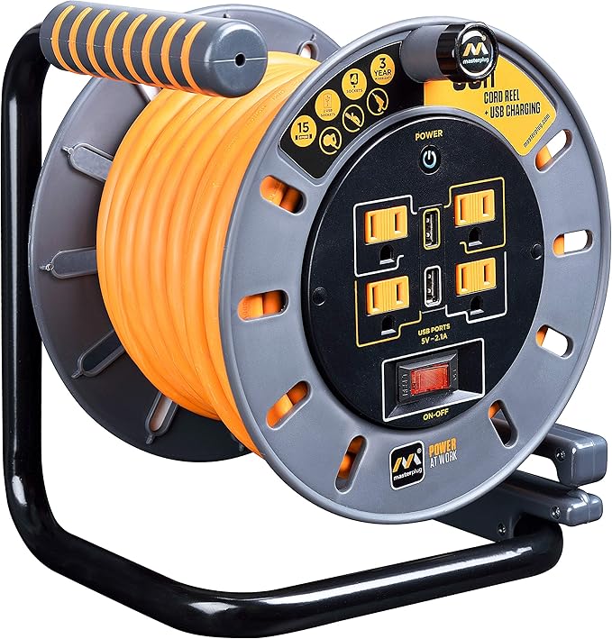 Masterplug 50ft Cord Reel, Retractable Extension Lead by Masterplug