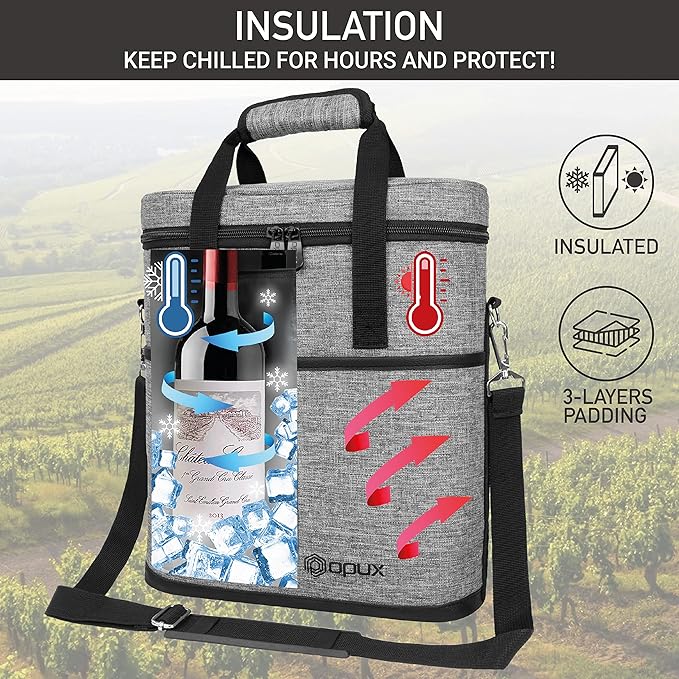 opux 3 Bottle Wine Carrier Tote, Insulated Leakproof Wine Cooler Bag, Wine - Image 2