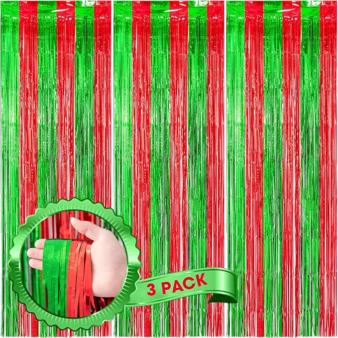 3 Pack 3.3x8.2 Feet Red and Green Foil Fringe Backdrop Curtains, Tinsel by Voircoloria