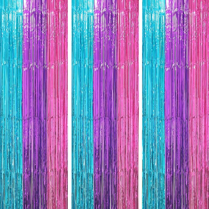 3 Pack 3.3 x 8.2 ft Blue Purple Pink Foil Fringe Backdrop Curtains, Tinsel by Voircoloria
