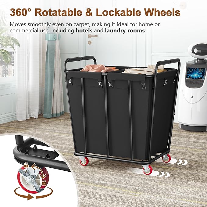 Hoctieon 2 Section Laundry Sorter Cart, 400L Rolling Hamper - Image 6