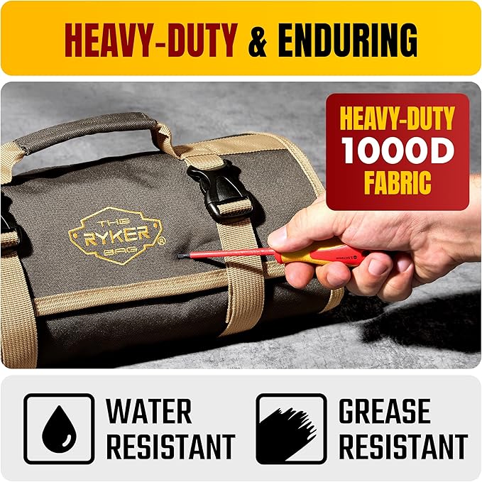 The Ryker Tool Roll Up Bag Heavy-Duty Canvas Tool Organizer w/Clear PVC Wrench - Image 3
