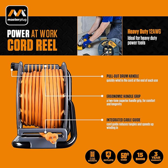 Masterplug 50ft Cord Reel, Retractable Extension Lead - Image 3