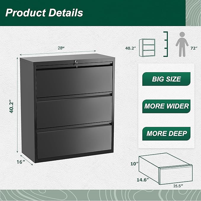Superday Filing Cabinet Lateral File Cabinet 3 Drawer, Locking Metal Office - Image 3