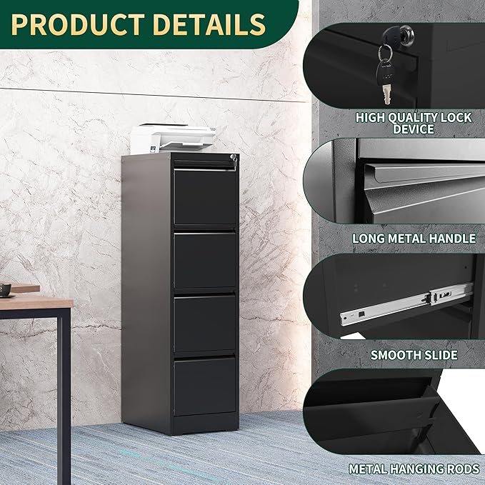 4 Drawer File Cabinet with Lock, Steel Vertical Filing Storage Cabinet - Image 4