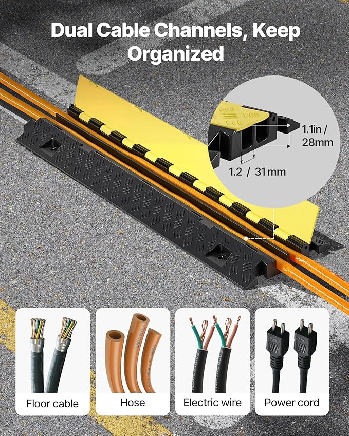 VEVOR 3 PCs Rubber Cable Protector Ramp, 2 Channel Heavy Duty TPU Floor Cord - Image 4
