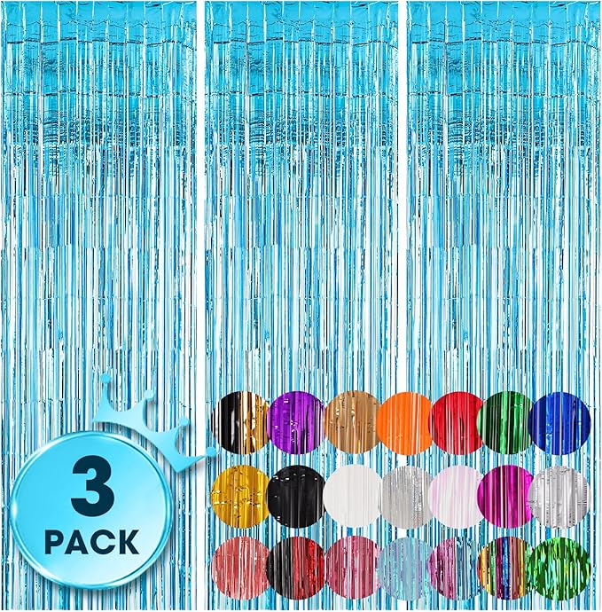 3 Pack 3.3x8.2 Feet Light Blue Foil Fringe Backdrop Curtains, Tinsel Streamers by Voircoloria