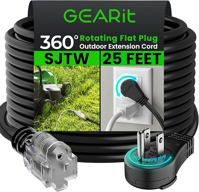 GEARit 360 Rotating Plug Indoor Outdoor Extension Cord Waterproof 25ft by GEARit