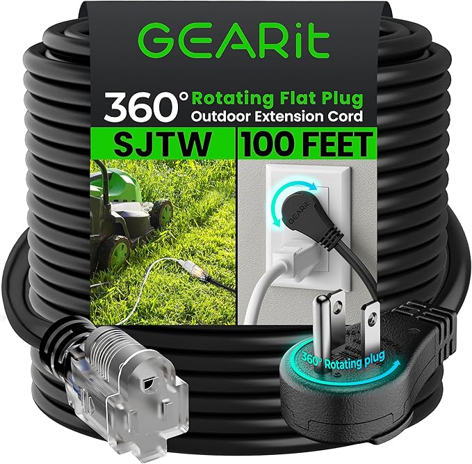 GEARit 360 Rotating Plug Indoor Outdoor Extension Cord Waterproof 100ft by GEARit