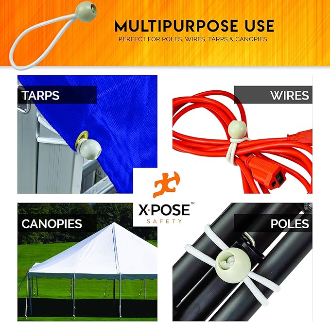 Xpose Safety Bungee Ball Cords 6" 100 Pack Heavy Duty White Stretch Rope - Image 3