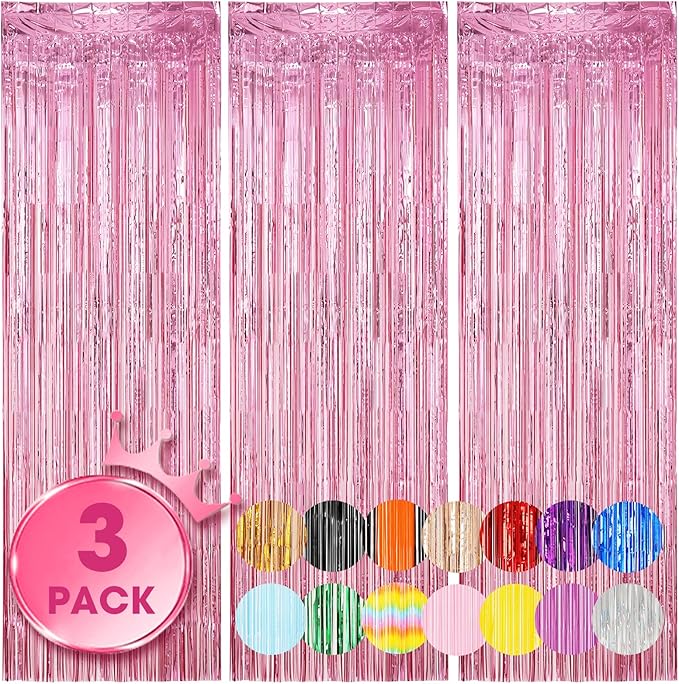 3 Pack 3.3 x 8.2 ft Light Pink Foil Fringe Backdrop Curtains, Tinsel Streamers by Voircoloria