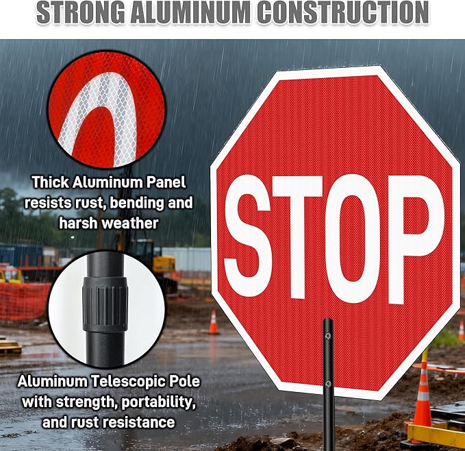 Stop Slow Sign with 66" Adjustable Handle, 18x18 Inch Double Sided Reflective - Image 2