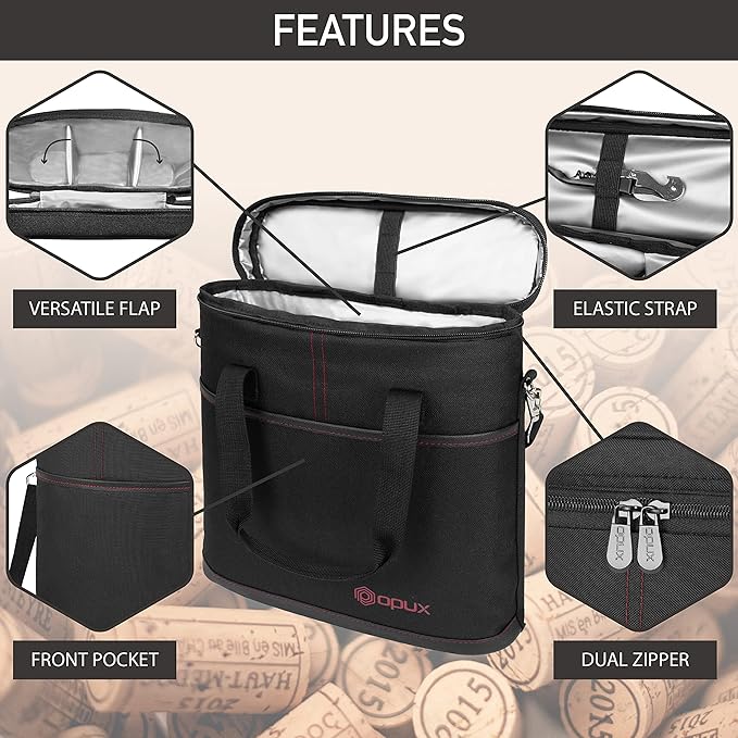 opux 3 Bottle Wine Carrier Tote, Insulated Leakproof Wine Cooler Bag, Wine - Image 4