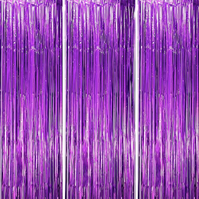 3 Pack 3.3x8.2 Feet Purple Foil Fringe Backdrop Curtains, Tinsel Streamers by Voircoloria