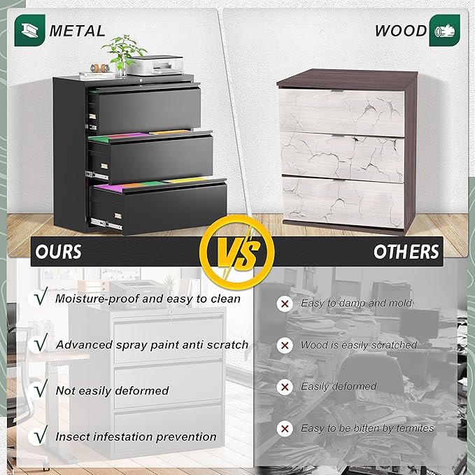 Superday Filing Cabinet Lateral File Cabinet 3 Drawer, Locking Metal Office - Image 6