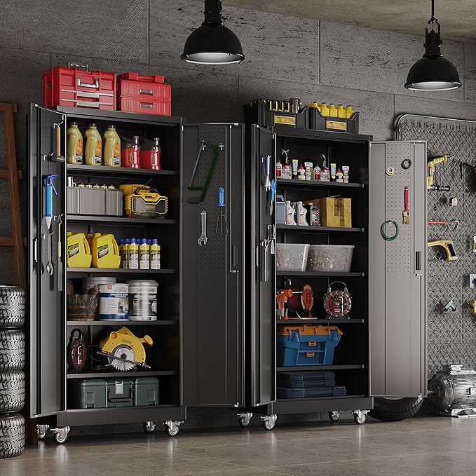Garage Storage Cabinet with 5 Adjustable Shelves and Door Pegboard, Metal - Image 9