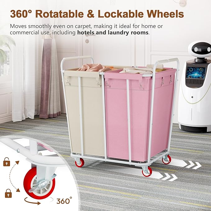 Hoctieon 2 Section Laundry Sorter Cart, 400L Rolling Hamper - Image 6