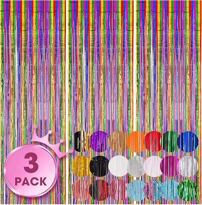 3 Pack 3.3x8.2 Feet Rainbow Foil Fringe Backdrop Curtains, Tinsel Streamers by Voircoloria