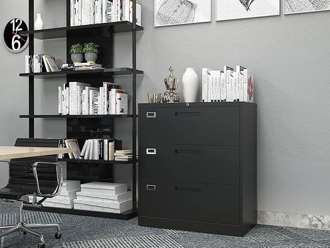 Lateral File Cabinet with Lock, Metal Filing Cabinet with 3 Drawer, Steel - Image 3