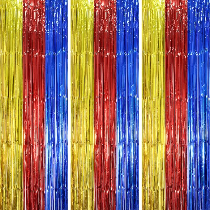 3 Pack 3.3 x 8.2 ft Blue Red Gold Foil Fringe Backdrop Curtains, Tinsel by Voircoloria