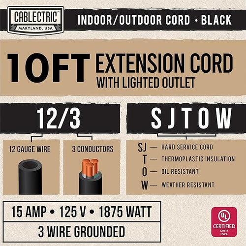 10 Ft Black Oil Resistant Extension Cord - Image 2