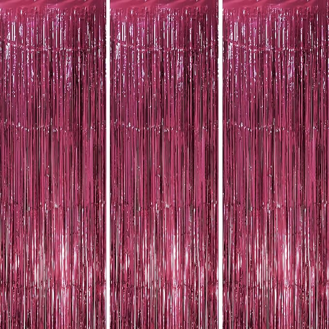 3 Pack 3.3 x 8.2 ft Burgundy Foil Fringe Backdrop Curtains, Tinsel Streamers by Voircoloria
