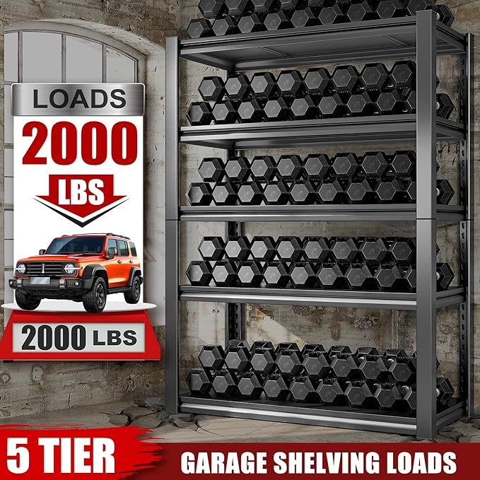 Raybee Storage Shelves, 5-Tier Adjustable Garage Shelves, 2000LBS Metal Shelving - Image 4