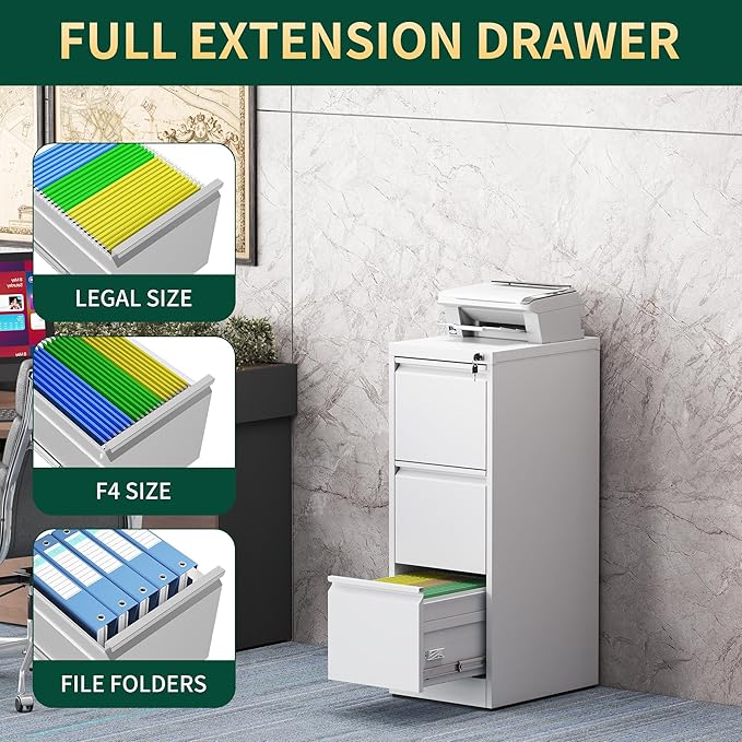 3 Drawer File Cabinet with Lock, Steel Vertical Filing Storage Cabinet - Image 5