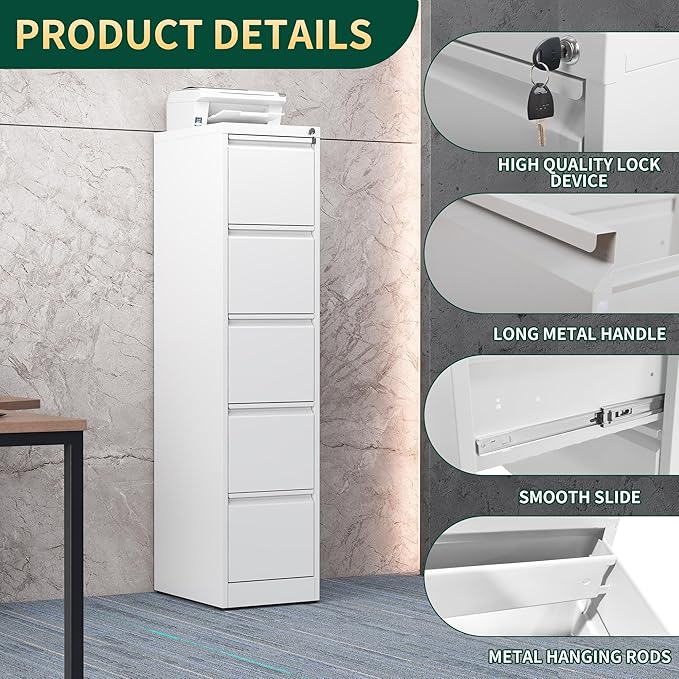 5 Drawer File Cabinet with Lock, Steel Vertical Filing Storage Cabinet - Image 4
