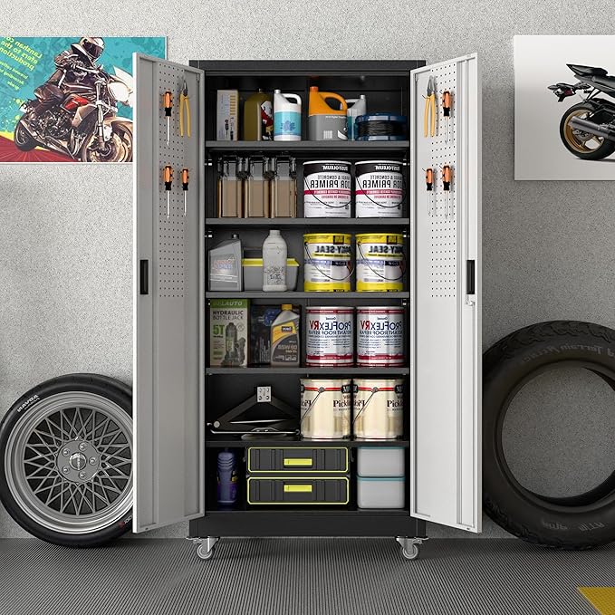 Garage Storage Cabinet with Wheels & Pegboard, Lockable Metal Storage Cabinet - Image 2