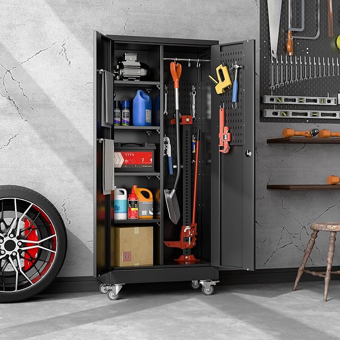 Aobabo Metal Broom Closet Storage Cabinet on Wheels and 2 Lockable Doors - Image 7