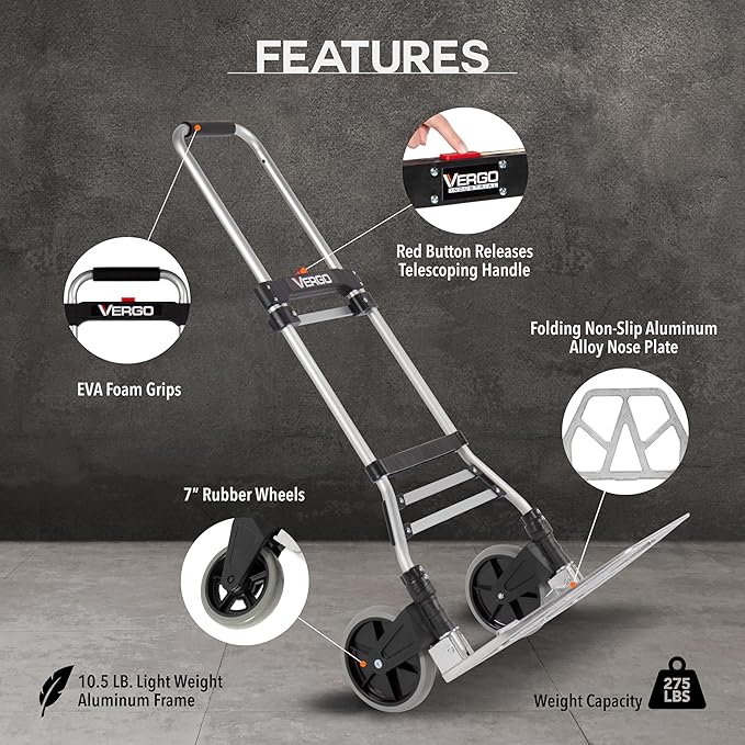 Vergo 275 Ibs Capacity Folding Hand Truck Dolly – Lightweight Aluminum Frame - Image 2
