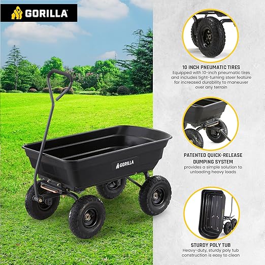 Gorilla Carts Poly Garden Dump Cart, 4 Cu Ft Tub, 600 lb Haul Capacity - Image 3