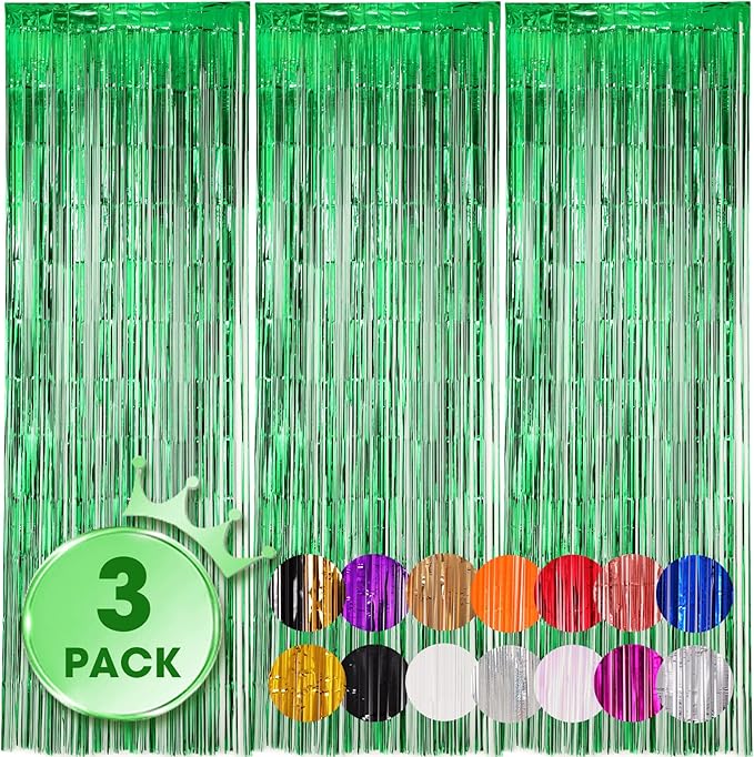 3 Pack 3.3x8.2 Feet Green Foil Fringe Backdrop Curtains, Tinsel Streamers by Voircoloria