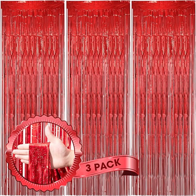3 Pack 3.3 x 8.2 ft Laser Red Foil Fringe Backdrop Curtains, Tinsel Streamers by Voircoloria
