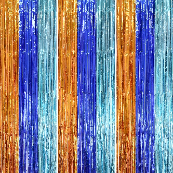 3 Pack 3.3 x 8.2 ft Blue Orange Foil Fringe Backdrop Curtains, Tinsel Streamers by Voircoloria
